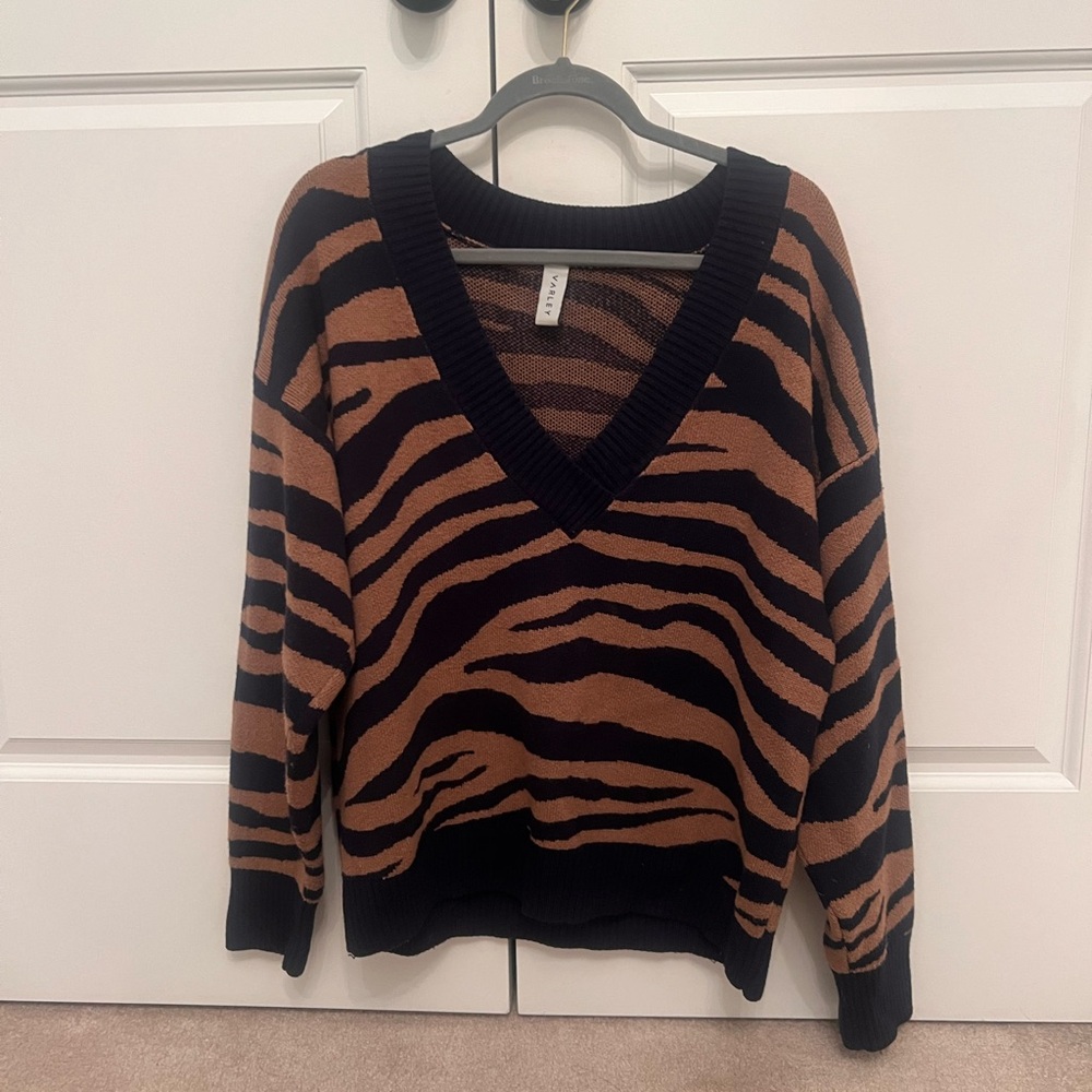 Black and Brown Tiger Print Wool Blend V-Neck Sweater